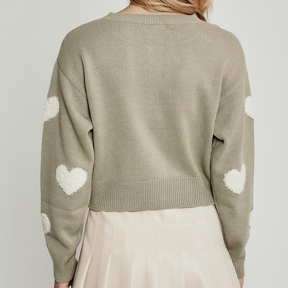 NEW Sage Green Fuzzy Hearts Long Sleeves Button Front Sweater Knit Crop Cardigan - Picture 9 of 11